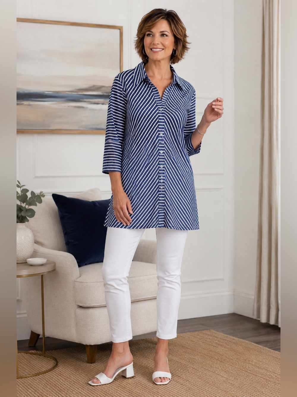 Joseph Ribkoff Blue White Diagonal Stripe Button Front Tunic Size 14